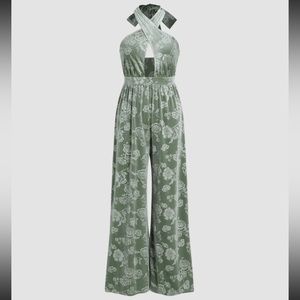 Velvet Floral Cross Halter Jumpsuit